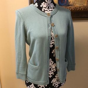 Ann Taylor blue green mist, torty buttons, pockets knit classic cardigan
